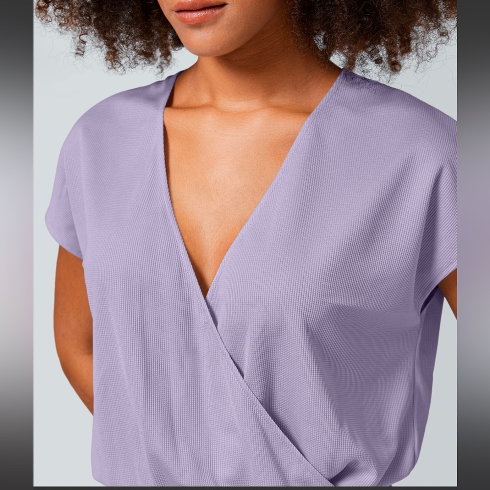V Neck Short Sleeve Side Pocket Wide Leg Flowy Waffle Casual Jumpsuit | S Petite - Picture 4 of 16